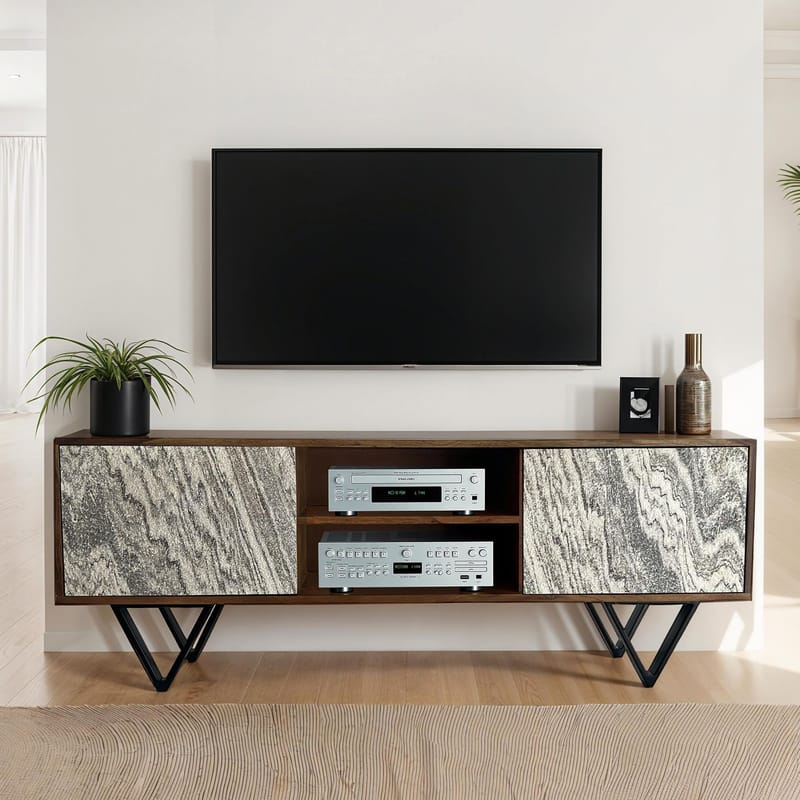 Venlor TV-bänk 150x56x35 cm i massivt sheeshamträ med vit stenlook - Vit - Möbler - TV- & Mediamöbler - TV bänk & mediabänk