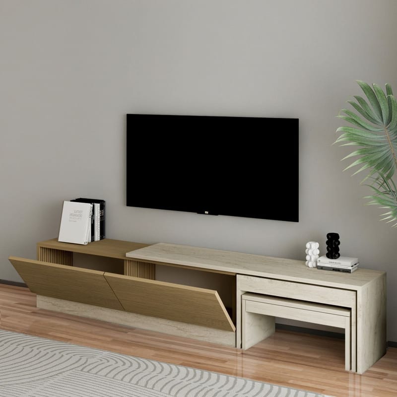 Zalven TV-bänk 180x36x30 cm - travertin och varm ek - Möbler - TV- & Mediamöbler - TV bänk & mediabänk