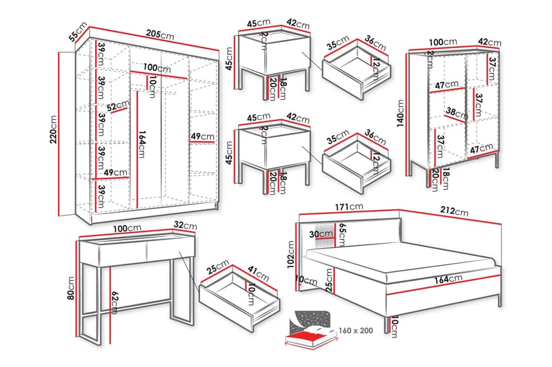 Amelus Möbelset För Sovrum - Brun - Möbler - Säng - Möbelset för sovrum