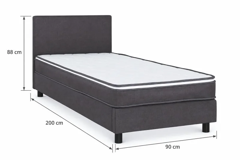 Billingen Komplett Sängpaket – Kontinentalsäng 90x200 cm i Tyg med Sänggavel + Bäddmadrass med Fasthetsgrad Medium - Grå - Möbler - Säng - Kontinentalsäng