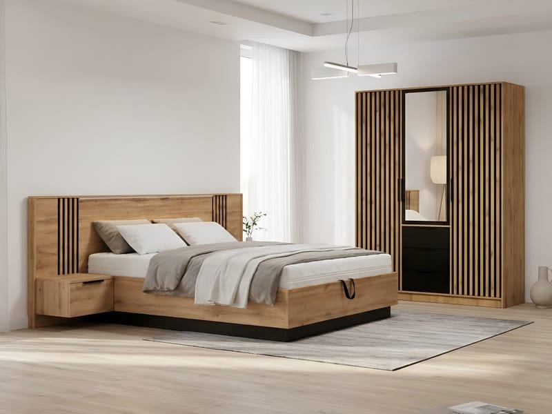 Chavez Möbelset Sovrum - Sängram 160x200 cm med sängbord + Garderob 150x200 cm - brun och svart - Möbler - Säng - Möbelset för sovrum