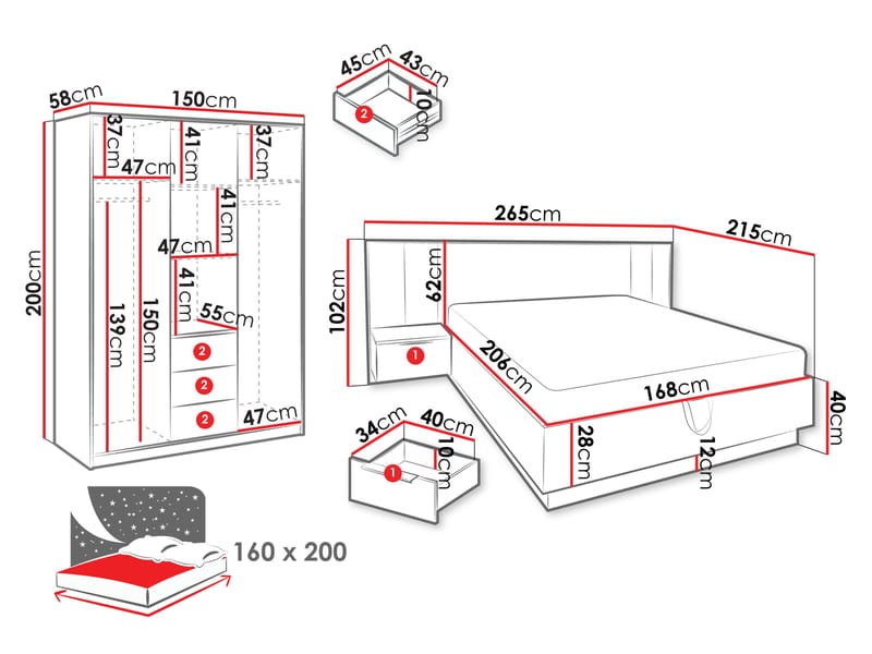 Chavez Möbelset Sovrum - Sängram 160x200 cm med sängbord + Garderob 150x200 cm - brun och vit - Möbler - Säng - Möbelset för sovrum