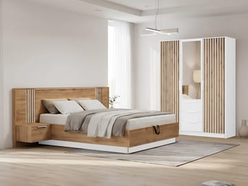 Chavez Möbelset Sovrum - Sängram 160x200 cm med sängbord + Garderob 150x200 cm - brun och vit - Möbler - Säng - Möbelset för sovrum