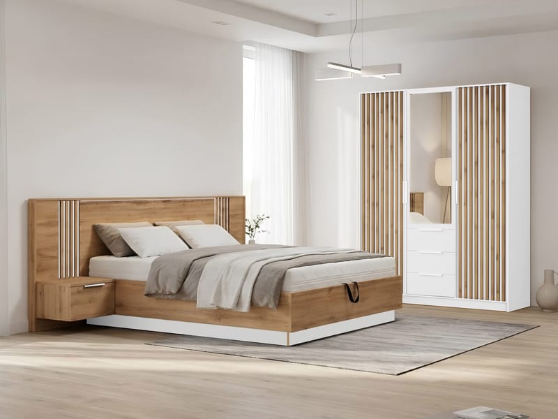 Chavez Möbelset Sovrum - Sängram 160x200 cm med sängbord + Garderob 150x200 cm - brun och vit - Möbler - Säng - Möbelset för sovrum