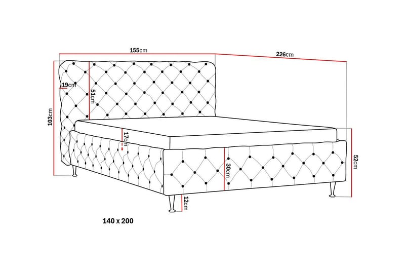Chesterfield Komplett Sängpaket Sängram med Madrass 140x200 cm - Svart - Möbler - Säng - Ramsäng