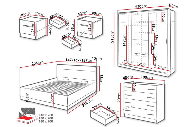 Dentrona Möbelset För Sovrum - Svart - Möbler - Säng - Möbelset för sovrum