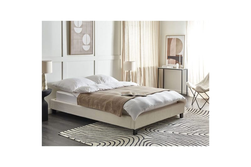 Dubbelsäng Roanne med lamellram Beige-Mörkt Trä, 140x200 cm, Bouclé - Beige-Mörkt Trä, 140x200 cm, Bouclé - Möbler - Säng - Ramsäng