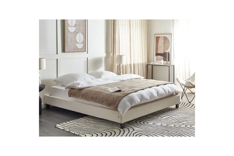 Dubbelsäng Roanne med lamellram Beige-Mörkt Trä, 180x200 cm, Bouclé - Beige-Mörkt Trä, 180x200 cm, Bouclé - Möbler - Säng - Ramsäng