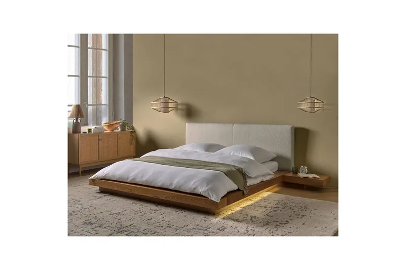 Dubbelsäng Zen med LED-belysning Ljus Trä-Vit, 160x200 cm, Bouclé - Ljus Trä-Vit, 160x200 cm, Bouclé - Möbler - Säng - Sängram & sängstomme