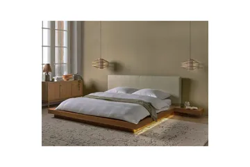 Dubbelsäng Zen med LED-belysning Ljus Trä-Vit, 180x200 cm, Bouclé - Ljus Trä-Vit, 180x200 cm, Bouclé - Möbler - Säng - Sängram & sängstomme
