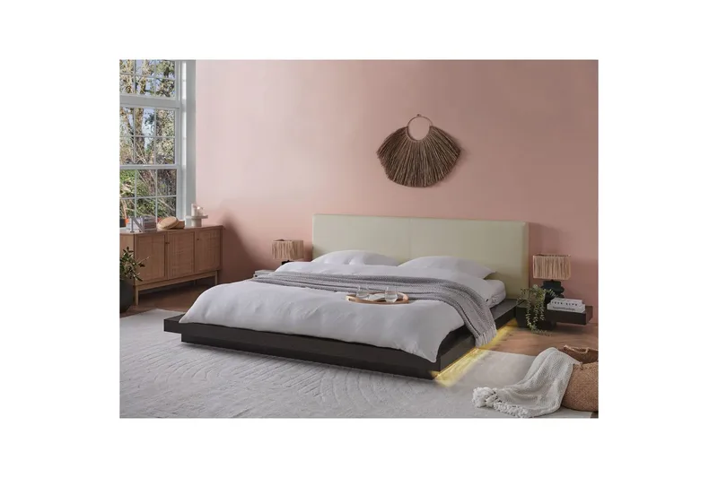 Dubbelsäng Zen med LED-belysning Mörk Trä-Vit, 180x200 cm, Konstläder - Mörk Trä-Vit, 180x200 cm, Konstläder - Möbler - Säng - Sängram & sängstomme