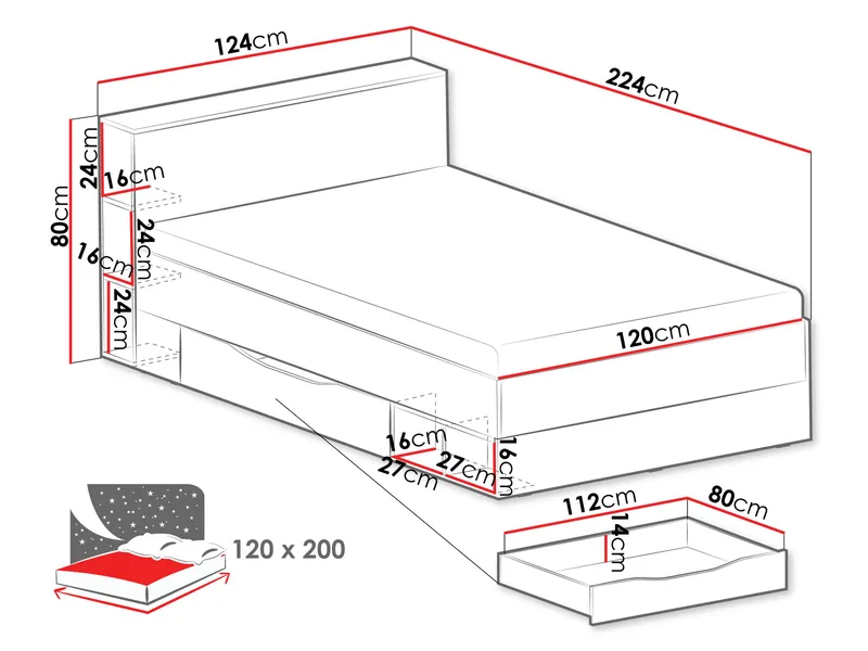 Edson Komplett Sängpaket med Förvaring 120x200 cm i Trä med Sänggavel + Bäddmadrass med Tygram - Vit - Möbler - Säng - Säng med förvaring