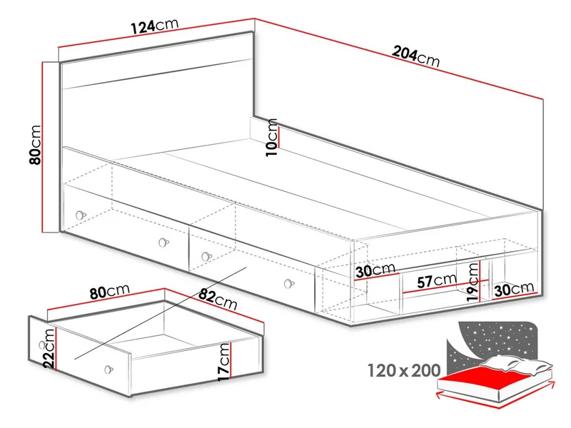 Elvaren Sängram med Förvaring 120x200 cm i Målat Trä med Sänggavel - Svart|Vit - Möbler - Säng - Säng med förvaring