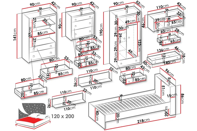 Evorana Möbelset För Sovrum - Brun/Mörkgrå - Möbler - Säng - Möbelset för sovrum