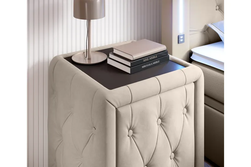 Franco Komplett Sängpaket med förvaring LED-belysning 180x200 cm + 2st Franco Sängbord - Beige / Sammet - Möbler - Säng - Säng med förvaring