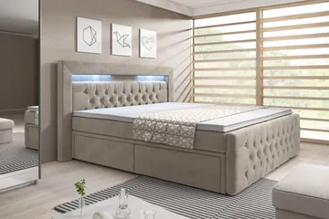 Franco Komplett Sängpaket med förvaring LED-belysning 180x200 cm + 2st Franco Sängbord - Beige / Sammet - Möbler - Säng - Säng med förvaring