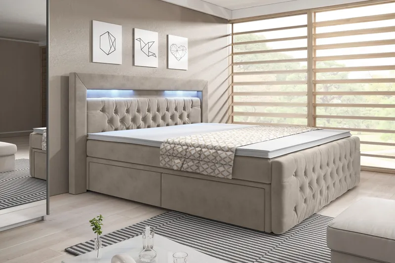 Franco Komplett Sängpaket med förvaring LED-belysning 180x200 cm + 2st Franco Sängbord - Beige / Sammet - Möbler - Säng - Säng med förvaring