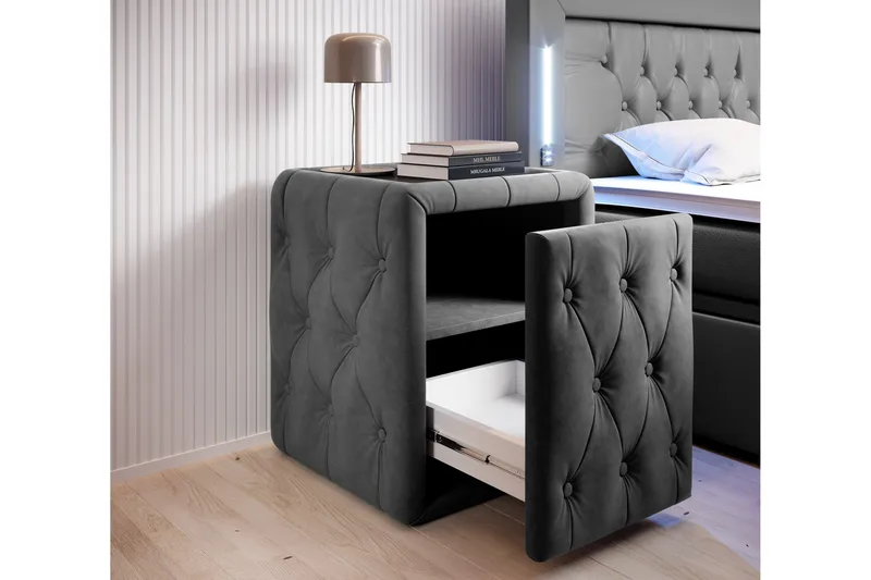 Franco Komplett Sängpaket med förvaring LED-belysning 180x200 cm + 2st Franco Sängbord - Grå|Sammet - Möbler - Säng - Enkelsäng