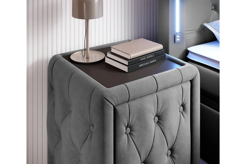 Franco Komplett Sängpaket med förvaring LED-belysning 180x200 cm + 2st Franco Sängbord - Grå|Sammet - Möbler - Säng - Enkelsäng