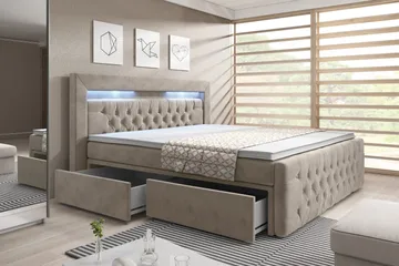 Franco Komplett Sängpaket med förvaring LED-belysning 180x200 cm - Beige / Sammet - Möbler - Säng - Kontinentalsäng