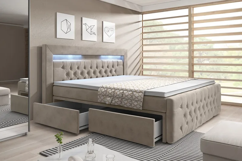 Franco Komplett Sängpaket med förvaring LED-belysning 180x200 cm - Beige / Sammet - Möbler - Säng - Kontinentalsäng