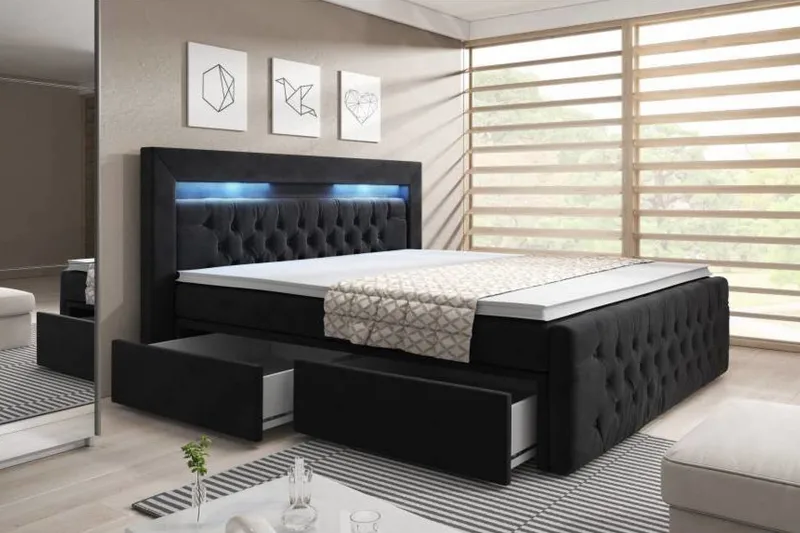 Franco Komplett Sängpaket med förvaring LED-belysning 180x200 cm - Svart / Sammet - Möbler - Säng - Kontinentalsäng