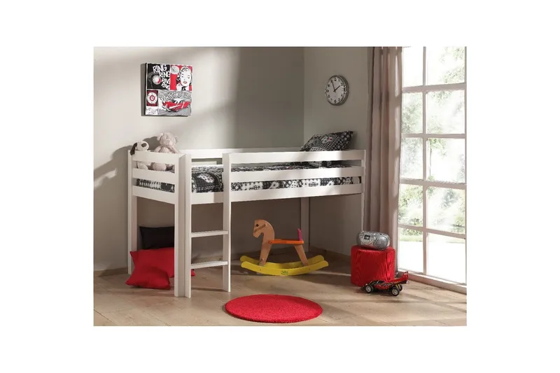 Halvhöjdssäng med skrivbord 4-dörrars skåp vägghylla och 2-dörrars skåp Pino - Möbler - Barnmöbler - Barnmöbelset