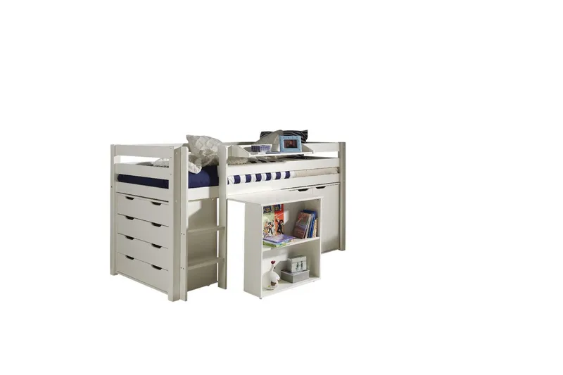 Halvhöjdssäng med skrivbord 4-dörrars skåp vägghylla och 2-dörrars skåp Pino