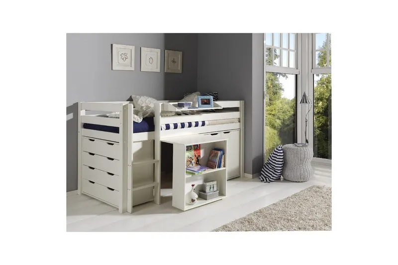 Halvhöjdssäng med skrivbord 4-dörrars skåp vägghylla och 2-dörrars skåp Pino - Möbler - Barnmöbler - Barnmöbelset