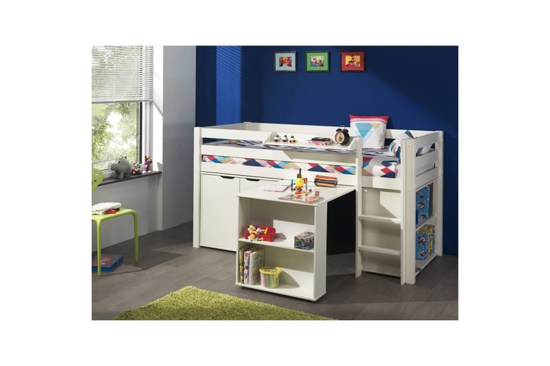 Halvhöjdssäng med skrivbord bokhylla 2-dörrars skåp och vägghylla Pino - Möbler - Barnmöbler - Barnmöbelset