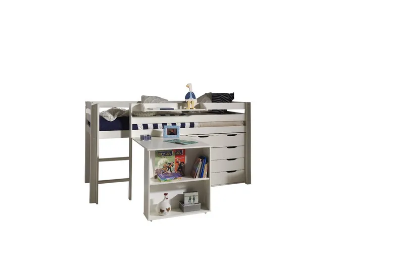 Halvhöjdssäng med skrivbord och 4-dörrars skåp med vägghylla Pino