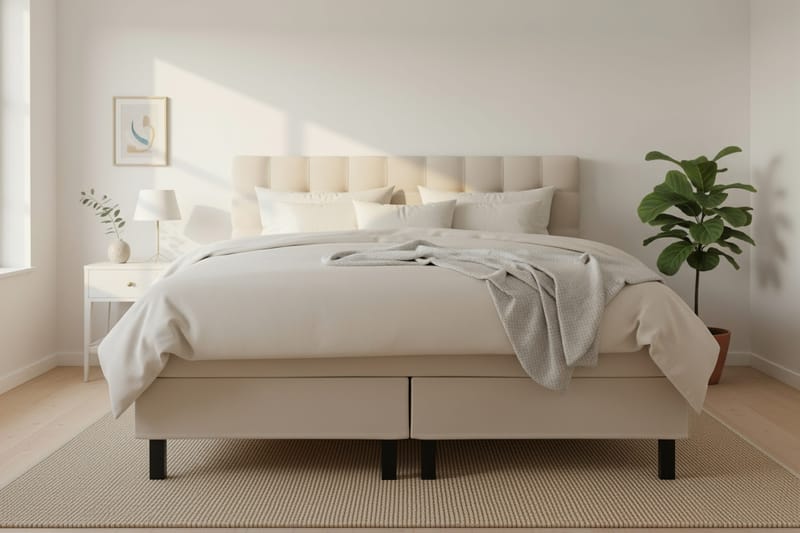 Hilton Komplett Sängpaket 160x200 cm Kontinentalsäng med rutad sänggavel - Beige - Möbler - Säng - Kontinentalsäng