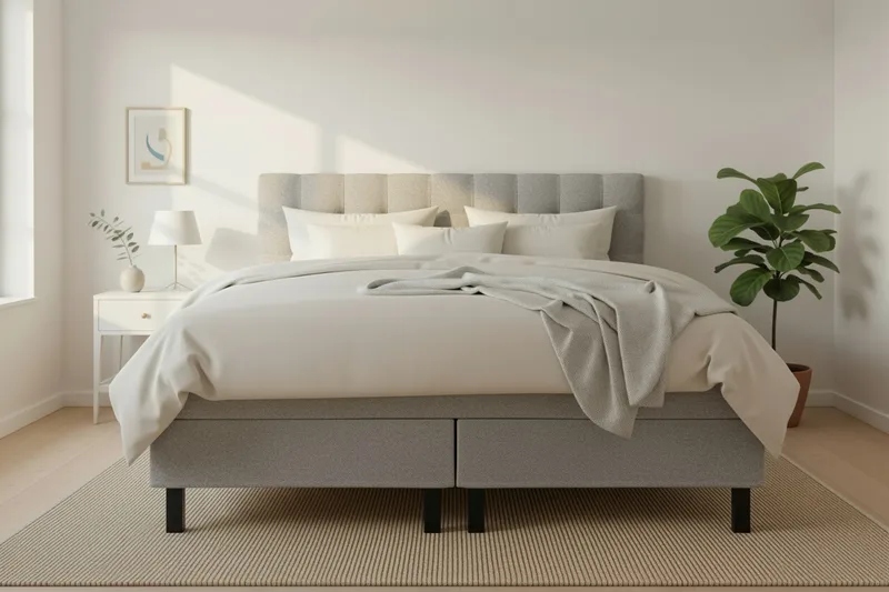 Hilton Komplett S ängpaket 160x200 cm Kontinentalsäng med rutad sänggavel - Grå / Teddy - Möbler - Säng - Kontinentalsäng