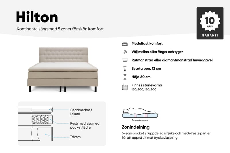 Hilton Komplett Sängpaket 180x200 cm Kontinentalsäng med diamant sänggavel - Grå - Möbler - Säng - Kontinentalsäng