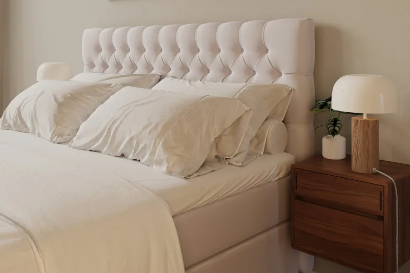 Hilton Lyx Komplett Sängpaket 160x200 cm Kontinentalsäng med knappad sänggavel i sammet - Beige / Sammet - Möbler - Säng - Kontinentalsäng