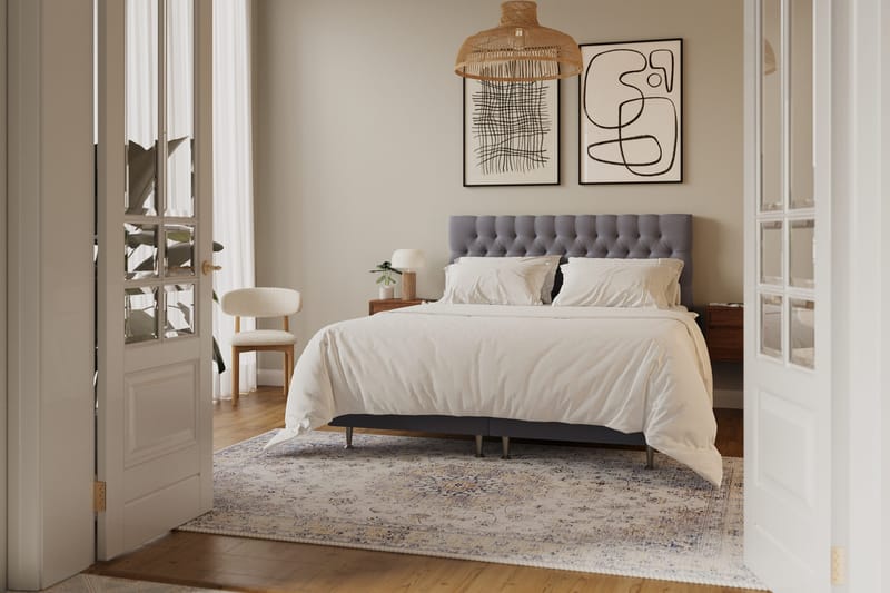 Hilton Lyx Komplett Sängpaket 160x200 cm Kontinentalsäng med knappad sänggavel i sammet - Grå / Sammet - Möbler - Säng - Kontinentalsäng