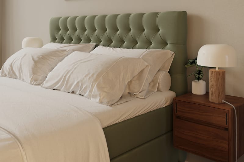 Hilton lyx Komplett Sängpaket 160x200 cm Kontinentalsäng med knappad sänggavel i sammet - Olivgrön / Sammet - Möbler - Säng - Kontinentalsäng