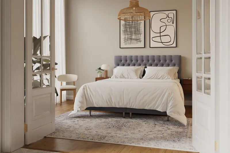 Hilton Lyx Komplett Sängpaket 180x200 cm Kontinentalsäng med knappad sänggavel i sammet - Grå - Möbler - Säng - Kontinentalsäng
