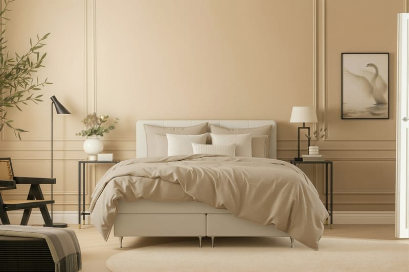 Hilton Premium Komplett Sängpaket 160x200 cm Kontinentalsäng med Sänggavel - Ljusbeige Tyg - Möbler - Säng - Kontinentalsäng