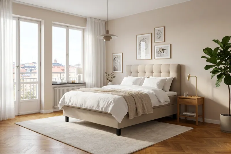 HVILA Classic Komplett Sängpaket 140x200 cm Kontinentalsäng med rutad sänggavel - Beige - Möbler - Säng - Kontinentalsäng