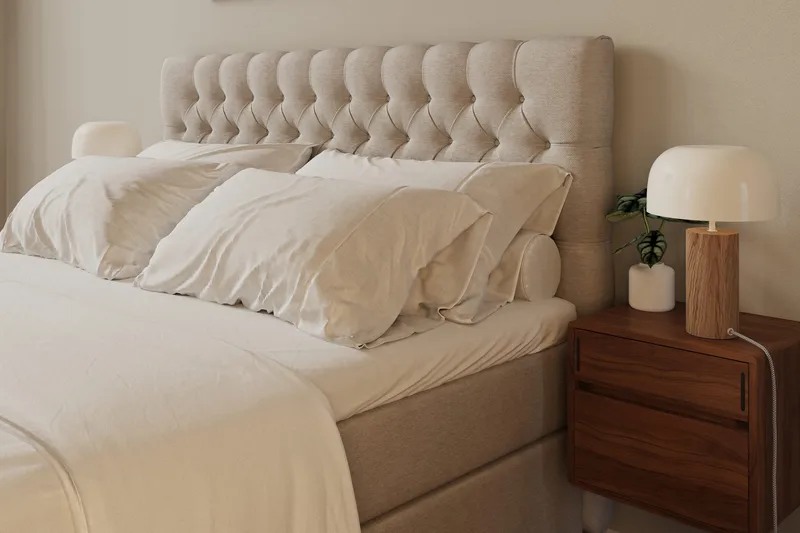 HVILA Lyx Komplett Sängpaket 160x200 cm Kontinentalsäng med knappad sänggavel - Ljusbeige - Möbler - Säng - Kontinentalsäng