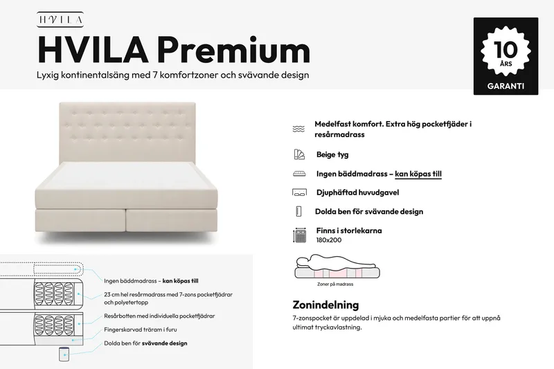 HVILA Premium Kontinentalsäng 180x200 cm med svävande effekt utan bäddmadrass - Vit - Möbler - Säng - Komplett sängpaket