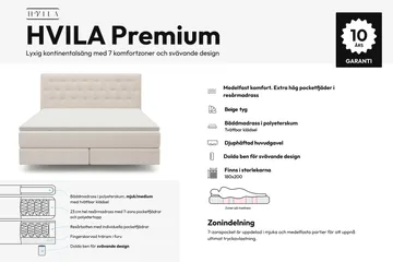 HVILA Premium Kontinentalsäng 180x200 cm med svävande effekt inkl. Bäddmadrass i Polyeterskum Mjuk/Medium med Tvättbar klädsel - Mjuk/Medium - Möbler - Säng - Komplett sängpaket