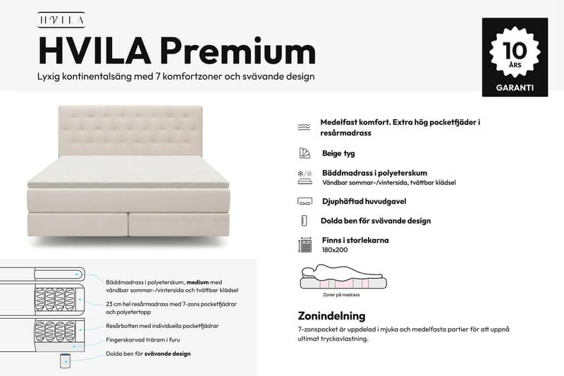 HVILA Premium Sängpaket Kontinentalsäng 180x200 cm med svävande effekt inkl. Bäddmadrass i Polyesterskum Vändbar Sommar & Vintersida och Tvättbar klädsel - Sommar & Vintersida - Möbler - Säng - Komplett sängpaket