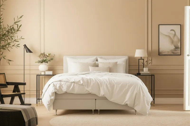 HVILA Premium Komplett Sängpaket 180x200 cm Kontinentalsäng med Sänggavel - Ljusbeige Bouclé - Möbler - Säng - Kontinentalsäng