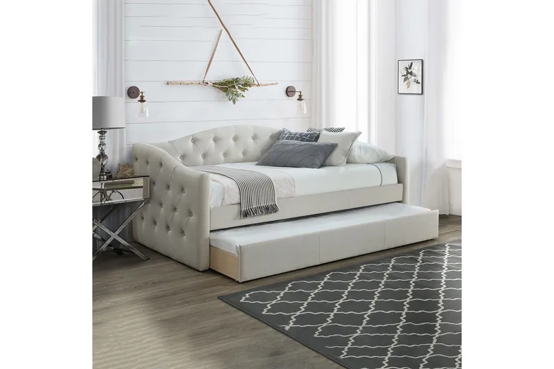 Atlanta Komplett Sängpaket med Förvaring 90x200 cm i Tyg med Sänggavel + Bäddmadrass - Ljusbeige - Möbler - Säng - Sängram & sängstomme