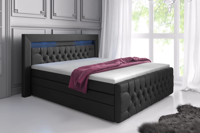 Komplett Sängpaket Celio Lyx 140x200 LED-belysning - Svart/Konstläder - Säng med förvaring - Komplett sängpaket
