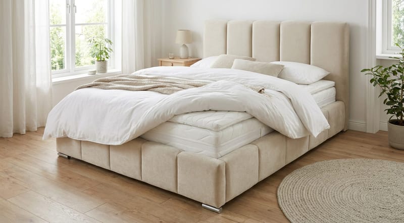 Cleaton Bubblig Sängram 180x200 cm med Förvaring HVILA Pocketresårmadrass och Bäddmadrass i Polysterskum Vändbar Sommar & Vintersida och Tvättbar klädsel - Beige/Vit - Möbler - Säng - Komplett sängpaket