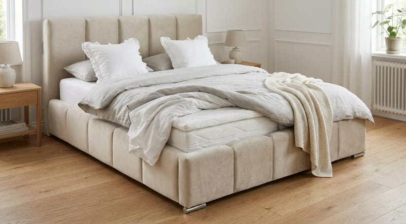Cleaton Sängram 160x200 cm med Förvaring HVILA Resårmadrass och Bäddmadrass i Polysterskum med Tvättbar klädsel - Beige/Vit - Möbler - Säng - Komplett sängpaket