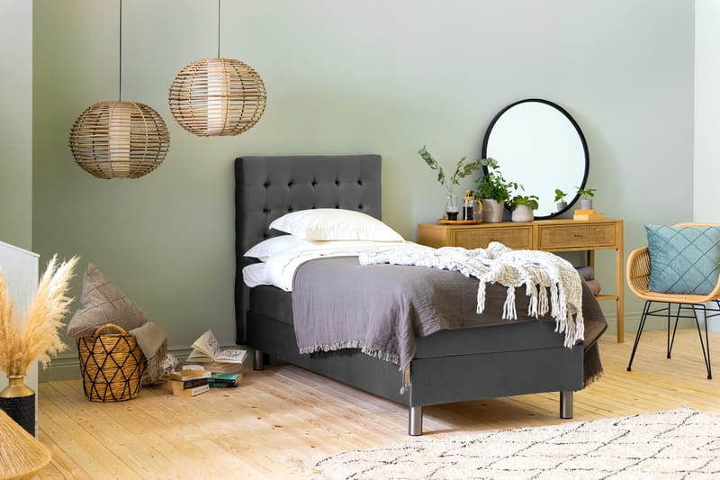 Ella Sängpaket 90x200 cm Rutig Gavel - Mörkgrå/Sammet - Möbler - Säng - Enkelsäng